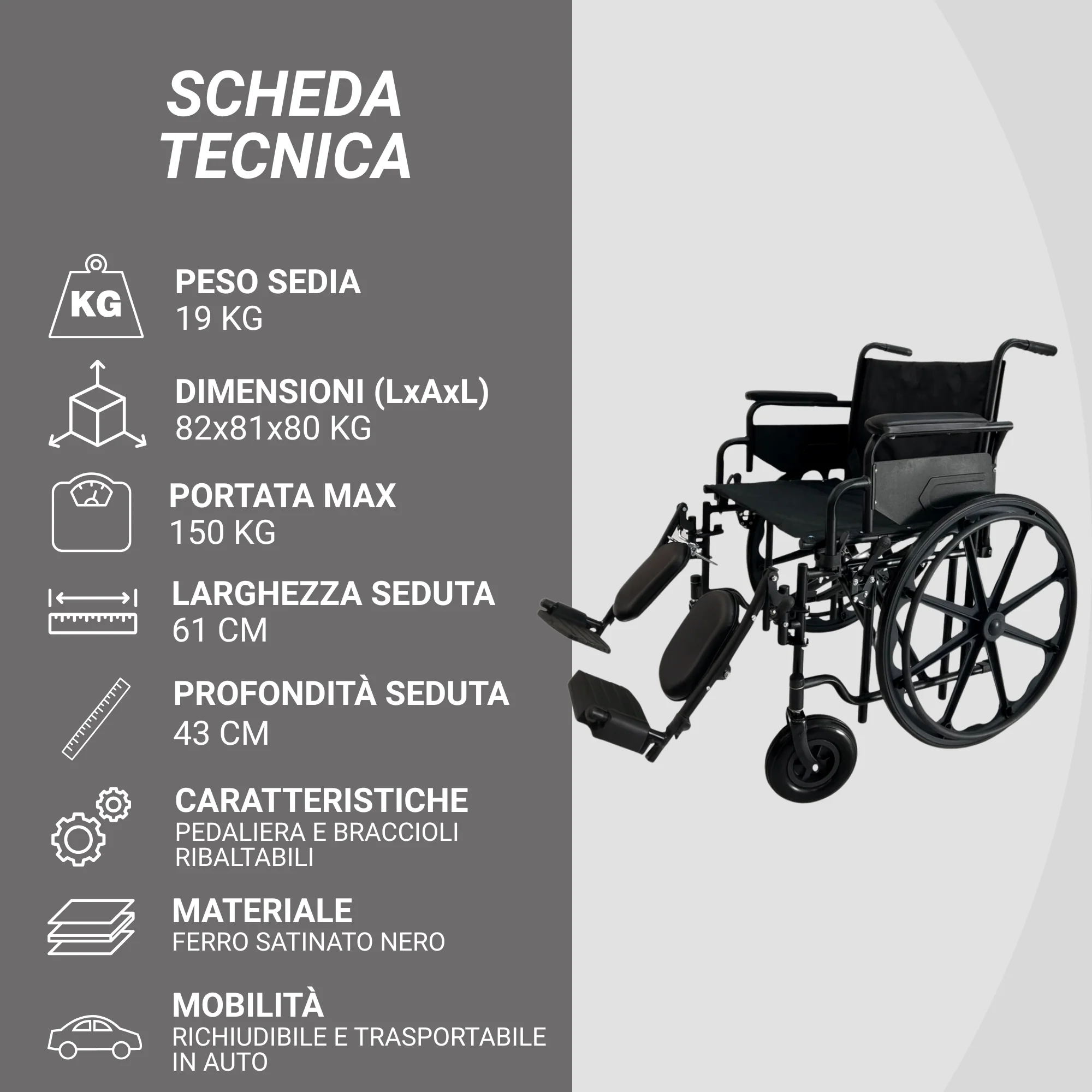 Sedia a rotelle larghezza speciale 61cm | Comoda, ergonomica e professionale, bariatrica | Capacità fino a 150kg - Image 3