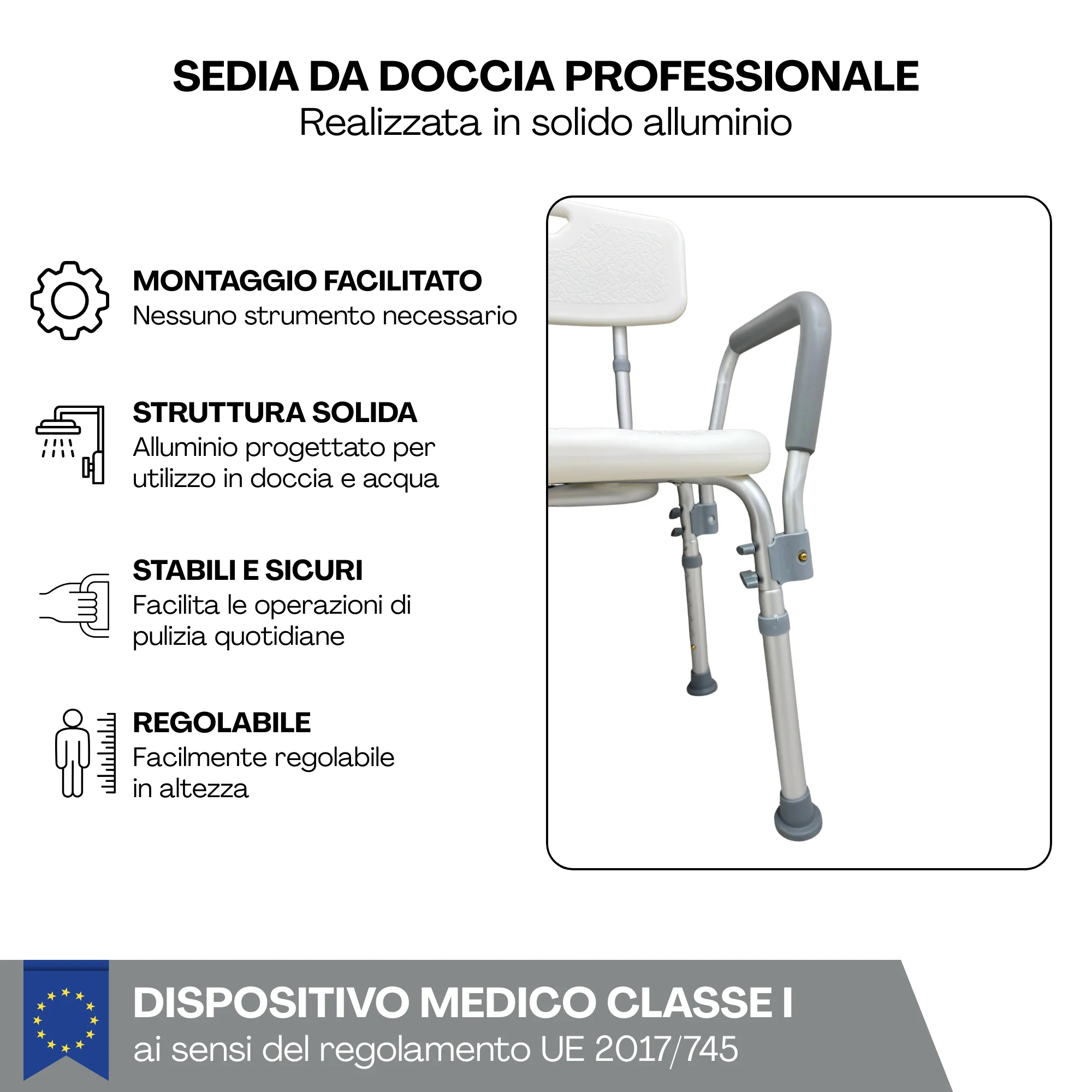 Sedia da Doccia con Schienale e Braccioli Estraibili, Altezza Regolabile - Image 3