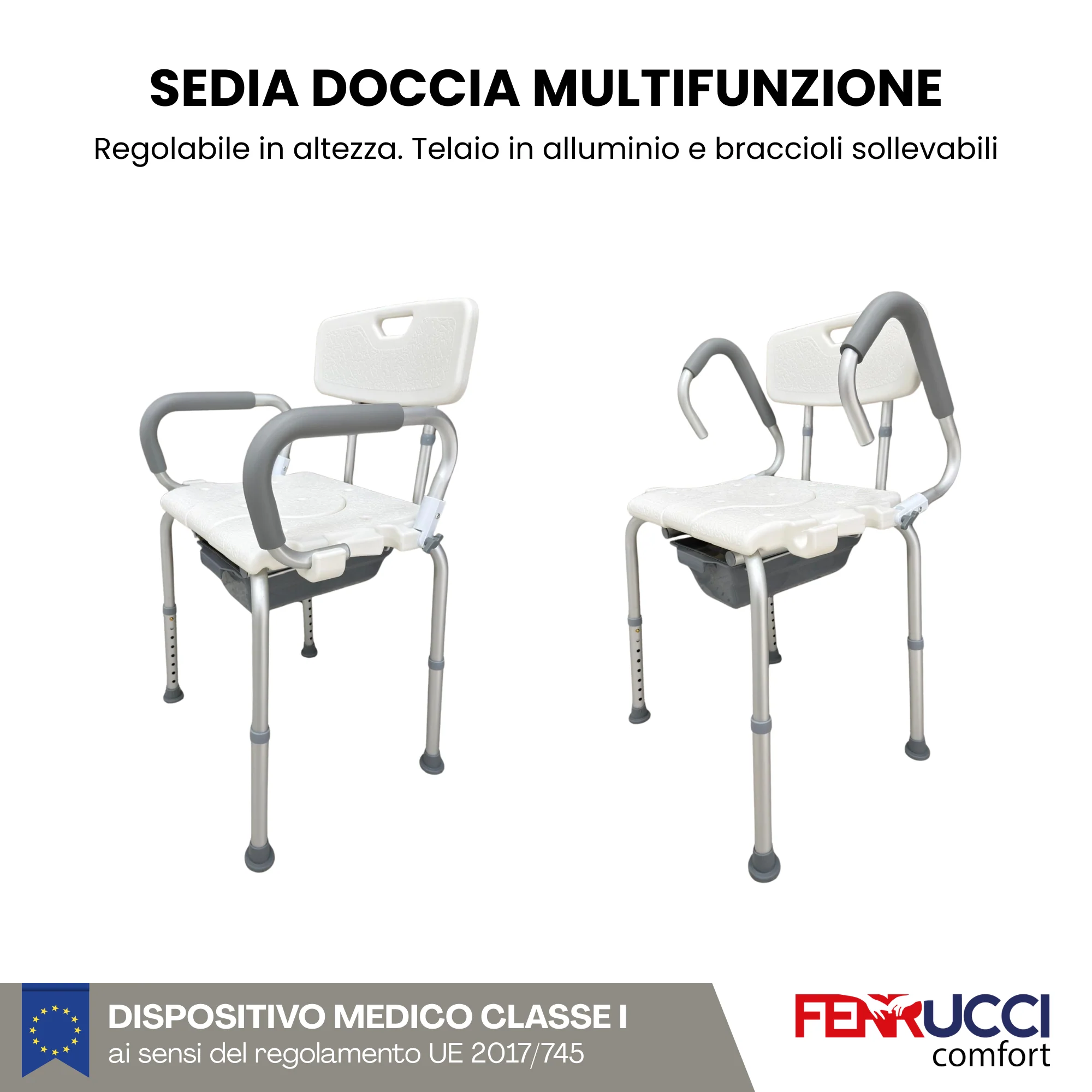 Sedia da Doccia e Comodo WC Multifunzione - Regolabile in altezza - Alluminio - Image 3